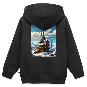 Steampunk Winterlandschaft mit Funkturm 1.1 - Kinder Premium Organic Zip Hoodie - Schwarz - Hinten - AI Model Kid Male (0cm)