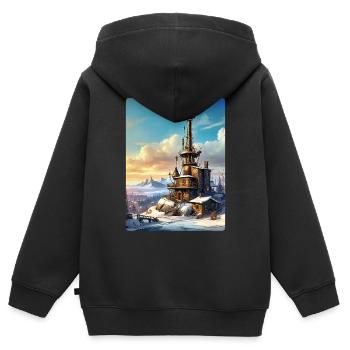 Steampunk Winterlandschaft mit Funkturm 1.9 - Kinder Premium Organic Zip Hoodie - Schwarz - Hinten - AI Model Kid Male (0cm)