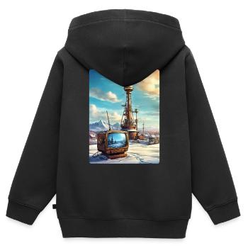 Steampunk Winterlandschaft mit Funkturm 1.3 - Kinder Premium Organic Zip Hoodie - Schwarz - Hinten - AI Model Kid Male (0cm)