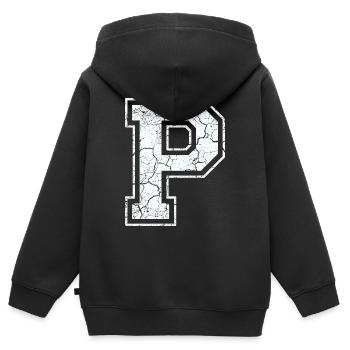 Un caractère P dans blanc in Used Look - Sweat Premium à capuche zippé enfant bio - noir - Dos - AI Model Kid Male (0cm)