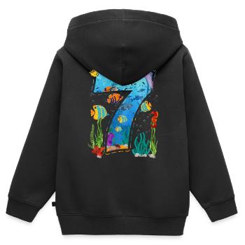 7ème anniversaire Jeune poisson de mer 7 ans - Sweat Premium à capuche zippé enfant bio - noir - Dos - AI Model Kid Male (0cm)