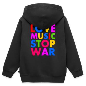 Love music stop war - Sweat Premium à capuche zippé enfant bio - noir - Dos - AI Model Kid Male (0cm)