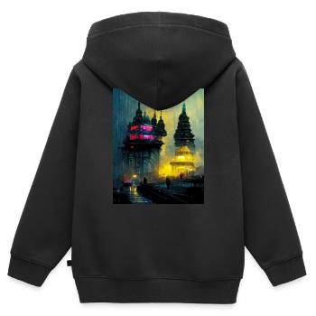 Neon Buddha Cyber City in the Rain - Kids Premium Organic Zip-up Hoodie - black - Back - AI Model Kid Male (0cm)