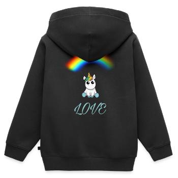 Licorne AVEC ARC-EN-CIEL - Sweat Premium à capuche zippé enfant bio - noir - Dos - AI Model Kid Male (0cm)