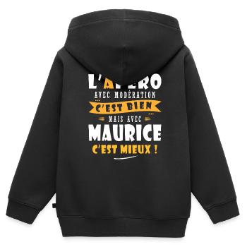 Maurice Cadeau Humour personnalisé cadeau maurice - Sweat Premium à capuche zippé enfant bio - noir - Dos - AI Model Kid Male (0cm)