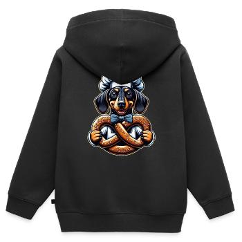 Dackel mit Bäckermütze und großer Brezel - Kinder Premium Organic Zip Hoodie - Schwarz - Hinten - AI Model Kid Male (0cm)