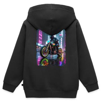 Motorrad-Cyberpunk in der Stadt - Kinder Premium Organic Zip Hoodie - Schwarz - Hinten - AI Model Kid Male (0cm)