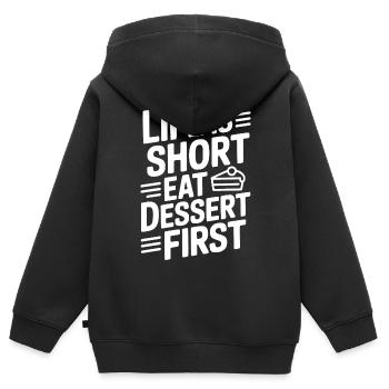 Das Leben ist kurz. Iss zuerst Nachtisch. - Kinder Premium Organic Zip Hoodie - Schwarz - Hinten - AI Model Kid Male (0cm)