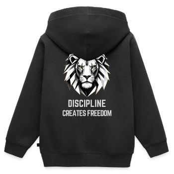 Disziplin schafft Freiheit, Löwe - Kinder Premium Organic Zip Hoodie - Schwarz - Hinten - AI Model Kid Male (0cm)