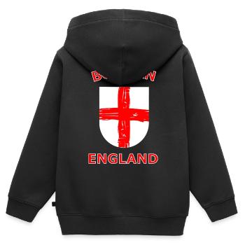 Né en Angleterre, Cross Shield - Sweat Premium à capuche zippé enfant bio - noir - Dos - AI Model Kid Male (0cm)