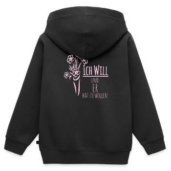 Poltern Damen - Ich will und er hat zu wollen! - Kinder Premium Organic Zip Hoodie - Schwarz - Hinten - AI Model Kid Male (0cm)