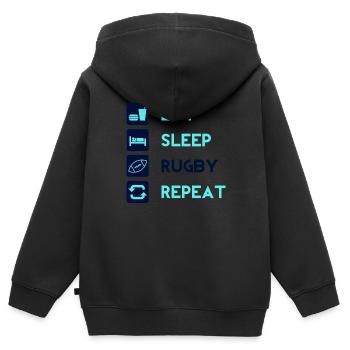 Essen, Schlafen, Rugby, Repeat! Männer Frauen Idee - Kinder Premium Organic Zip Hoodie - Schwarz - Hinten - AI Model Kid Male (0cm)