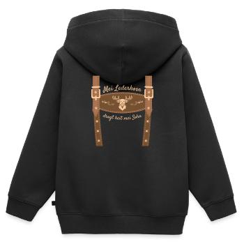 Mei Lederhosn Drogt Heit Mei Sohn Lederhose Ersatz - Kinder Premium Organic Zip Hoodie - Schwarz - Hinten - AI Model Kid Male (0cm)