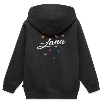 LANA - Nom de fille avec des papillons colorés - Sweat Premium à capuche zippé enfant bio - noir - Dos - AI Model Kid Male (0cm)