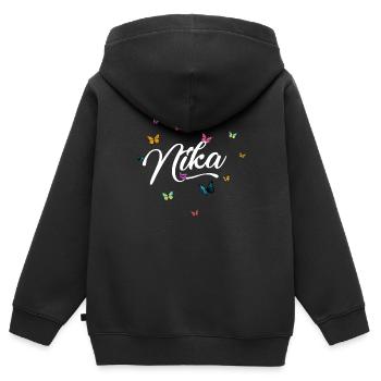 NIKA - Nom de fille avec des papillons colorés - Sweat Premium à capuche zippé enfant bio - noir - Dos - AI Model Kid Male (0cm)