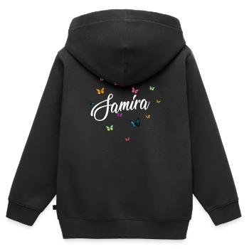 SAMIRA - Prénom de fille avec des papillons colorés - Sweat Premium à capuche zippé enfant bio - noir - Dos - AI Model Kid Male (0cm)