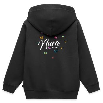 NURA - Nom de fille avec des papillons colorés - Sweat Premium à capuche zippé enfant bio - noir - Dos - AI Model Kid Male (0cm)