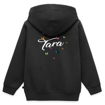 TARA - Nom de fille avec des papillons colorés - Sweat Premium à capuche zippé enfant bio - noir - Dos - AI Model Kid Male (0cm)