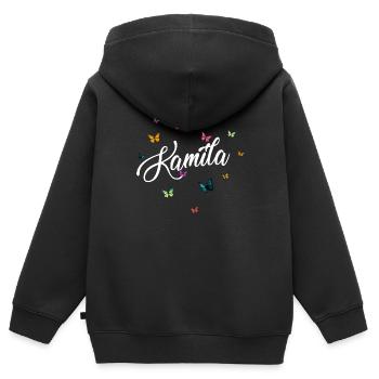 KAMILA - Nom de fille avec des papillons colorés - Sweat Premium à capuche zippé enfant bio - noir - Dos - AI Model Kid Male (0cm)