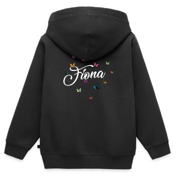 FIONA - Nom de fille avec des papillons colorés - Sweat Premium à capuche zippé enfant bio - noir - Dos - AI Model Kid Male (0cm)