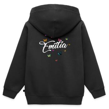 EMILIA - Nom de fille avec des papillons colorés - Sweat Premium à capuche zippé enfant bio - noir - Dos - AI Model Kid Male (0cm)