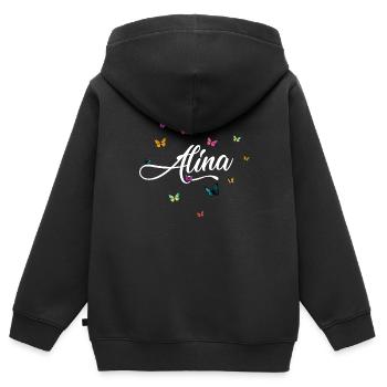 ALINA - Nom de fille avec des papillons colorés - Sweat Premium à capuche zippé enfant bio - noir - Dos - AI Model Kid Male (0cm)