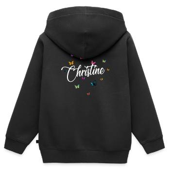 CHRISTINE - Nom de fille et papillons colorés - Sweat Premium à capuche zippé enfant bio - noir - Dos - AI Model Kid Male (0cm)