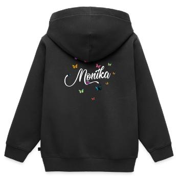 MONIKA - Nom de fille avec des papillons colorés - Sweat Premium à capuche zippé enfant bio - noir - Dos - AI Model Kid Male (0cm)