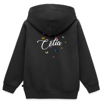 CELIA - Nom de fille avec des papillons colorés - Sweat Premium à capuche zippé enfant bio - noir - Dos - AI Model Kid Male (0cm)