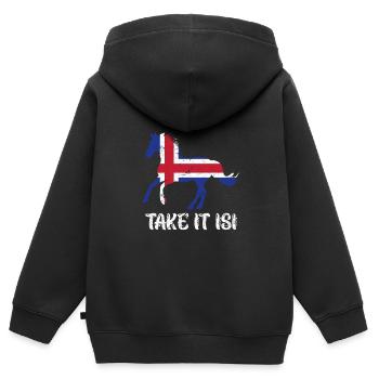 Prenez-le Isi Cheval islandais - Sweat Premium à capuche zippé enfant bio - noir - Dos - AI Model Kid Male (0cm)
