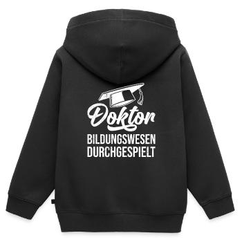 Études Terminées Doctor PhD Titre de PhD - Sweat Premium à capuche zippé enfant bio - noir - Dos - AI Model Kid Male (0cm)