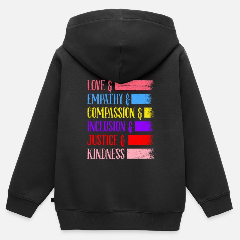 Inclusion, Égalité, Gentillesse, Acceptation - Sweat Premium à capuche zippé enfant bio - noir