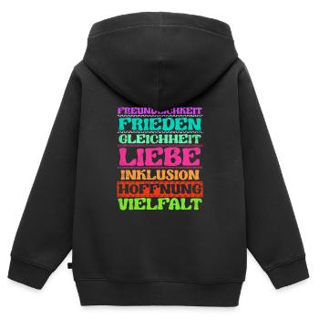 Inklusion Freundlichkeit Frieden Liebe Vielfalt - Kinder Premium Organic Zip Hoodie - Schwarz - Hinten - AI Model Kid Male (0cm)