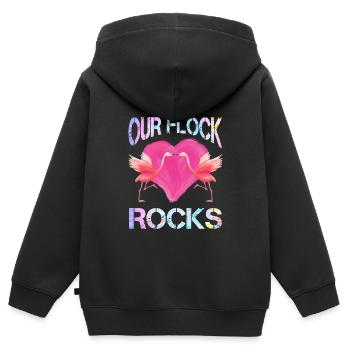 Flamingo Mädchen Our Flock Rocks Flamingos - Kinder Premium Organic Zip Hoodie - Schwarz - Hinten - AI Model Kid Male (0cm)