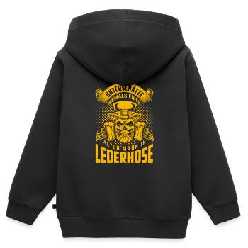 Tracht Unterschätze Nie einen Mann in Lederhose - Kinder Premium Organic Zip Hoodie - Schwarz - Hinten - AI Model Kid Male (0cm)