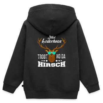 Mei Lederhosn Trogt no da Hirsch Bayerisches Shirt - Kinder Premium Organic Zip Hoodie - Schwarz - Hinten - AI Model Kid Male (0cm)