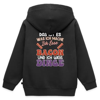 Fleisch Fan ICH ESSE BACON UND ICH WEIß DINGE - Kinder Premium Organic Zip Hoodie - Schwarz - Hinten - AI Model Kid Male (0cm)