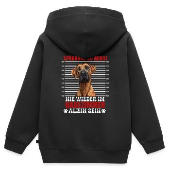 Ridgeback SPÜRHUND NIE WIEDER ALLEIN IM BADEZIMMER - Kinder Premium Organic Zip Hoodie - Schwarz - Hinten - AI Model Kid Male (0cm)