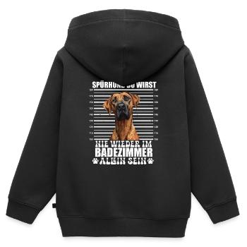 Ridgeback SPÜRHUND NIE WIEDER ALLEIN IM BADEZIMMER - Kinder Premium Organic Zip Hoodie - Schwarz - Hinten - AI Model Kid Male (0cm)