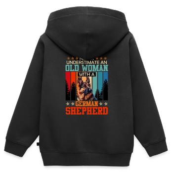 German Shepherd NEVER UNDERESTIMATE AN OLD WOMAN - Kids Premium Organic Zip-up Hoodie - black - Back - AI Model Kid Male (0cm)