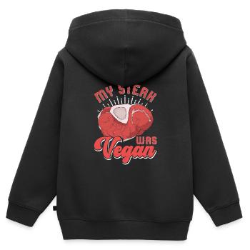 Fleischliebhaber MY STEAK WAS VEGAN Lustiges - Kinder Premium Organic Zip Hoodie - Schwarz - Hinten - AI Model Kid Male (0cm)