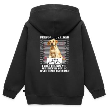 Chien Labrador PERSONAL STALKER JE TE SUIVRAI - Sweat Premium à capuche zippé enfant bio - noir - Dos - AI Model Kid Male (0cm)