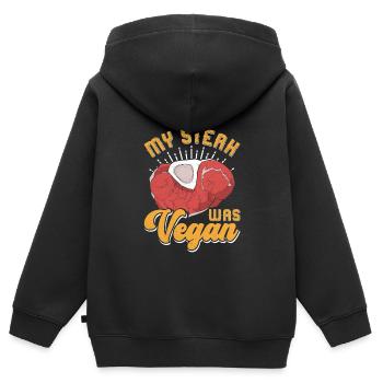 Fleischliebhaber MY STEAK WAS VEGAN Lustiges - Kinder Premium Organic Zip Hoodie - Schwarz - Hinten - AI Model Kid Male (0cm)