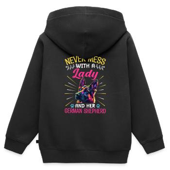 NE JAMAIS MESSER AVEC UNE DAME ET SON BERGER - Sweat Premium à capuche zippé enfant bio - noir - Dos - AI Model Kid Male (0cm)