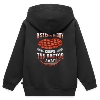 Drôle d’anti-végétalien Un steak par jour éloigne Doc - Sweat Premium à capuche zippé enfant bio - noir - Dos - AI Model Kid Male (0cm)