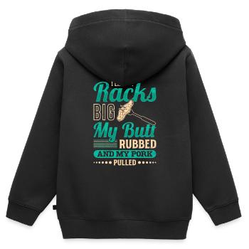 Les amateurs de viande aiment mes carrés gros cul frottés - Sweat Premium à capuche zippé enfant bio - noir - Dos - AI Model Kid Male (0cm)