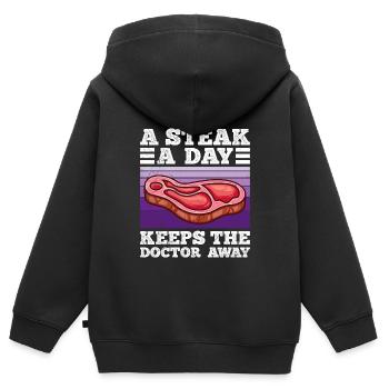 Drôle de carnivore Un steak par jour éloigne Doc - Sweat Premium à capuche zippé enfant bio - noir - Dos - AI Model Kid Male (0cm)