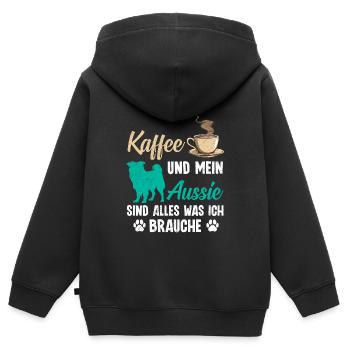 Aussie KAFFEE UND MEIN AUSSIE ALLES WAS ICH BRAUCH - Kinder Premium Organic Zip Hoodie - Schwarz - Hinten - AI Model Kid Male (0cm)