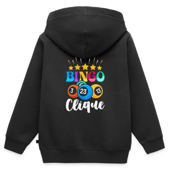 Lecteur de bingo BINGO CLIQUE Fun Bingo - Sweat Premium à capuche zippé enfant bio - noir - Dos - AI Model Kid Male (0cm)