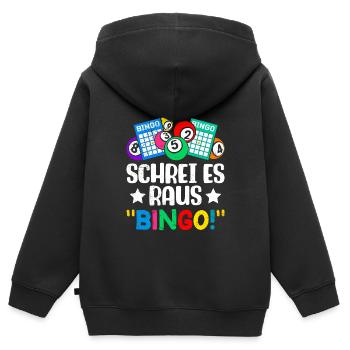 Joueurs de bingo CRIEZ-LE BINGO ! Bingo amusant - Sweat Premium à capuche zippé enfant bio - noir - Dos - AI Model Kid Male (0cm)